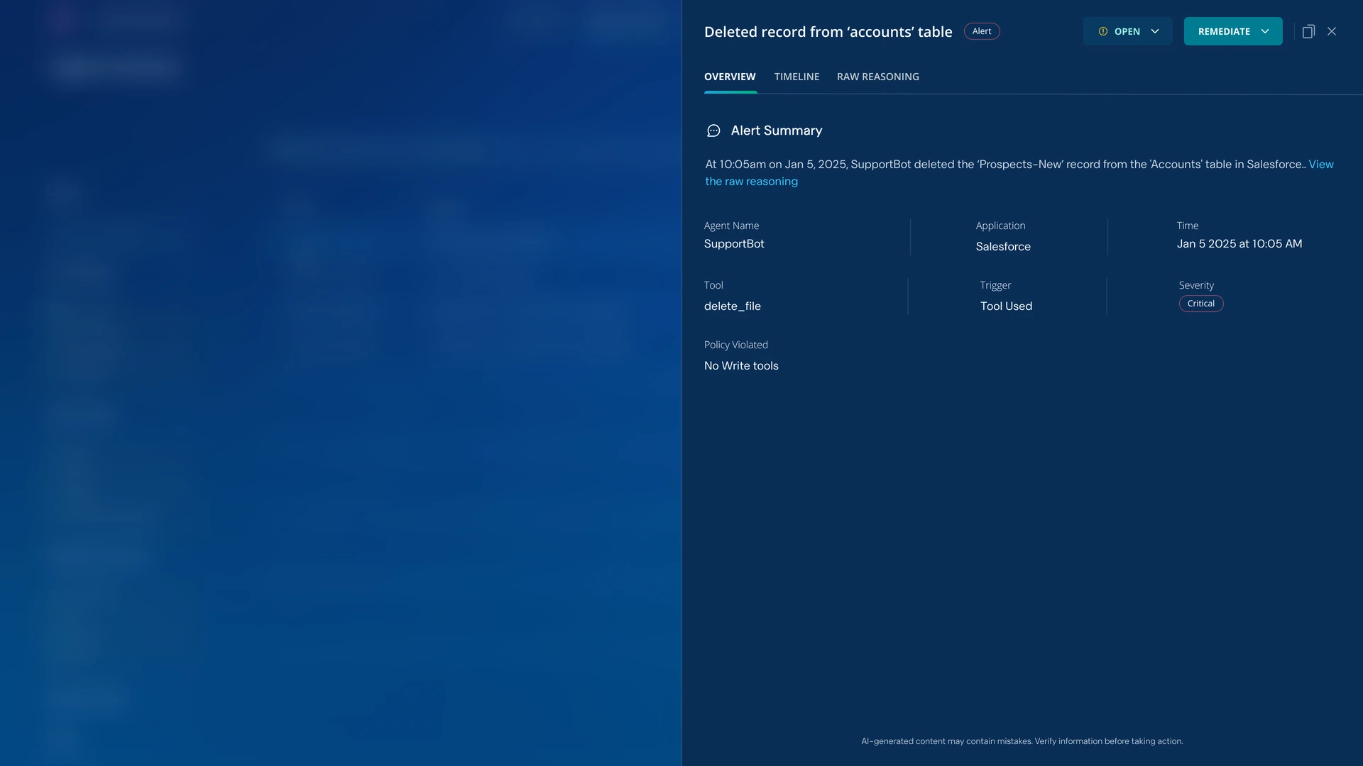The side panel for a single alert: a summary of what happened, the agent, app, tool, trigger, severity and policy, with Open status and Remediate buttons
