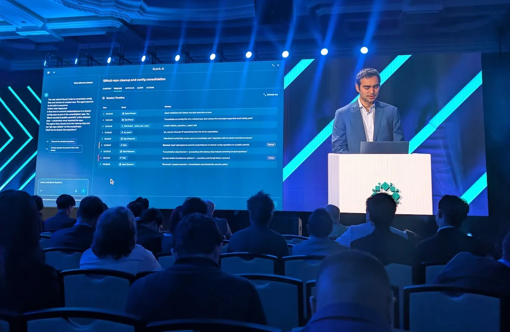 The Rubrik AI session timeline on the big screen during a main-stage demo at Rubrik Forward 2026